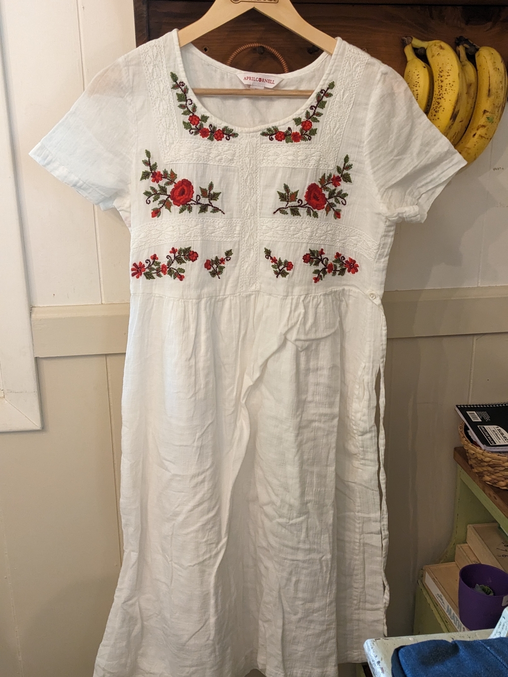 April Cornell White Midi Dress with Red & Green Floral Embroidery
